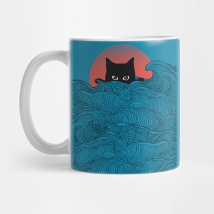 Great wave of red sun and kitty cat Mug